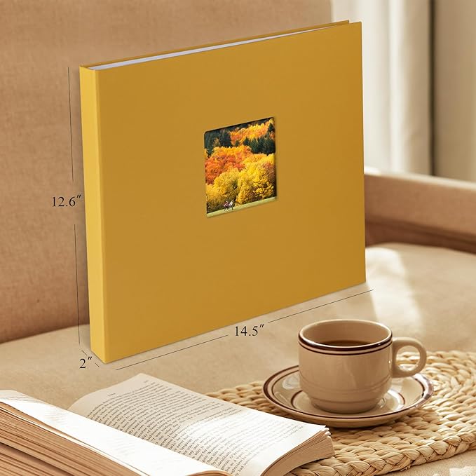 1DOT2 12x12 Inch Large 3 Ring DIY Scrapbook Photo Album Journal with 30 Plastic Sleeves 60 Pages and Fabric Cover for Baby Travel Wedding Anniversary kids Adventure (Indian Yellow Cover/White Pages)