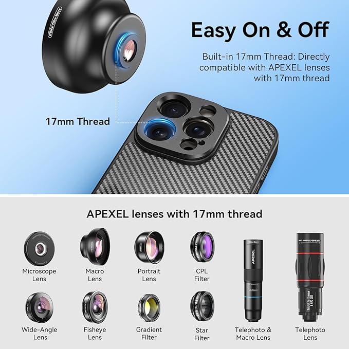 APEXEL 17MM Thread Lens Phone Case Compatible for iPhone 16 Pro, Compatible with All Telephoto Macro Lenses with 17mm Thread Black