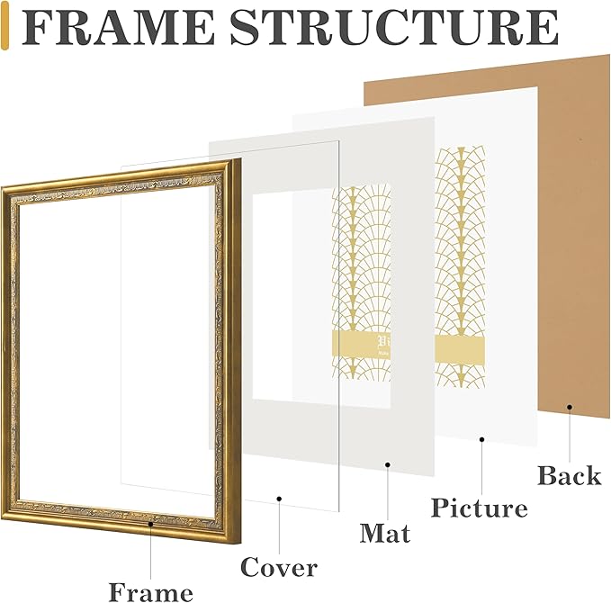 VIOLABBEY 8x10 Matte Gold Picture Frame, Display 5x7 Photo with Mat or 8x10 without Mat, Ornate Vintage 8 x 10 Matte Gold Frame for Wall Decor or Tabletop Display