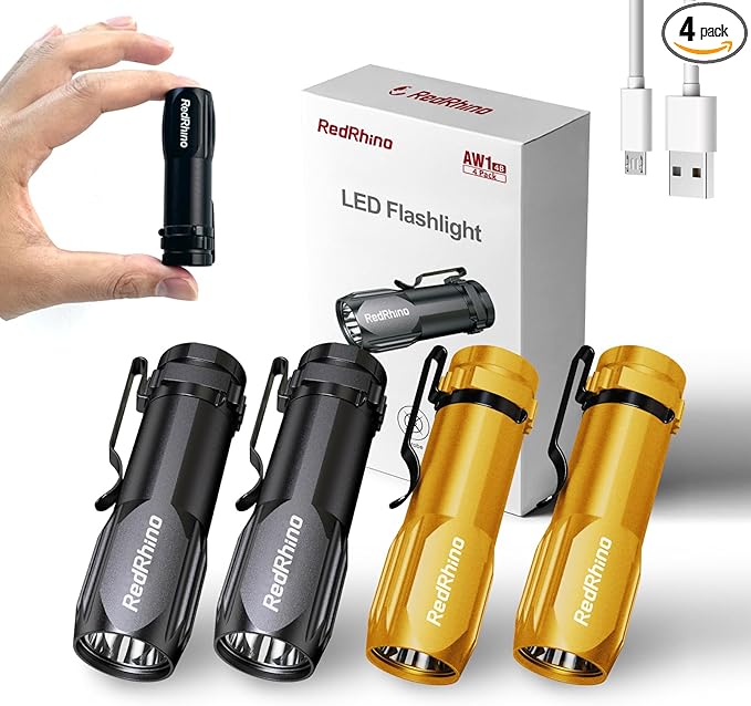 REDRHINO Small LED Flashlight 4 Pack, Rechargeable EDC Compact Pocket Lights, 400 Lumens Mini Flash Light with Clip, Bright Little Flashlights for Home, Emergency, Camping, Outdoor 2B2G