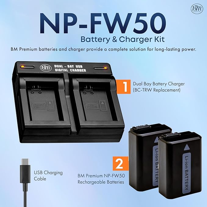 BM Premium 2 NP-FW50 Batteries and Dual Bay Charger for Sony ZV-E10, A6100, A6400, DSC-RX1R III, DSC-RX10 IV, DSC-RX10 II, RX10 III, A7 II, Alpha 7R, a7R, A7s II, a3000 a5000 a5100 a6000 a6300 a6500