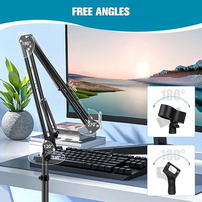 BILIONE Microphone Stand with Weighted Base, Mic Floor Stand Boom Arm with Mic Accessory Tray, Microphone Clip Holder, 3/8" to 5/8" Screw Adapter, Cable Ties