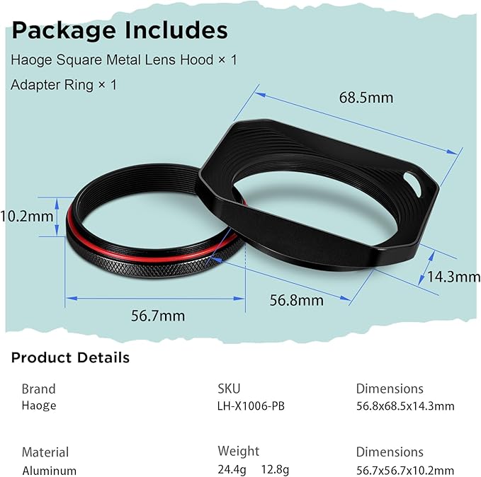Haoge Square Metal Lens Hood for Fujifilm Camera X100VI Fuji X100V X100F X100T X100S X70 with 49mm Uv Filter Adapter Ring Accessories Hollow Out Designed Black