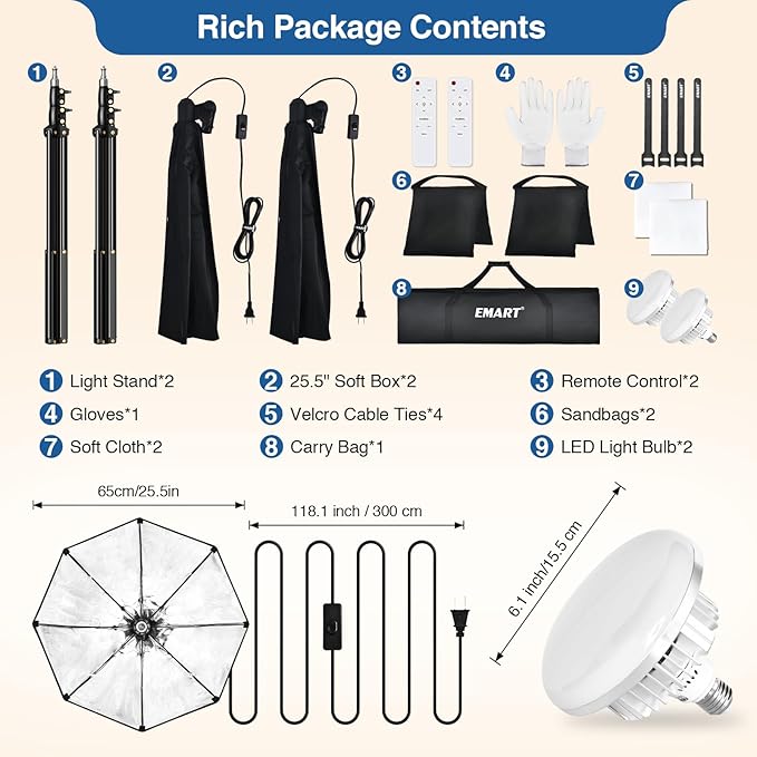 EMART Softbox Lighting Kit with Sandbag, 25.5" (65cm) Diameter Soft Box Lights with 2x135W 3000-6500K Remote Controlled LED Bulb, Photography Lighting Kit for Studio Video Recording, Filming, Portrait
