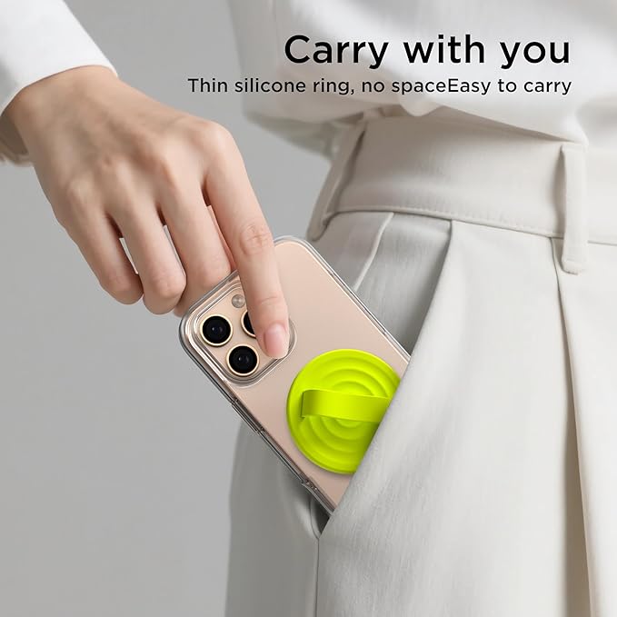 Magnetic Phone Grip Ring Holder, Liquid Silicone Magnet Cell Phone Grip Finger Loop, Compatible with Magsafe, Back of Phone for iPhone 17/16/15/14/13/12 Series, Neon Yellow
