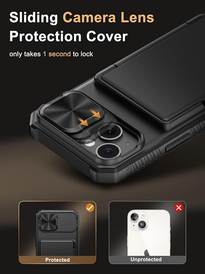 Vihibii for iPhone 15, iPhone 14, and iPhone 13 Case with Card Holder (4 Cards) [RFID Blocking] & Slide Camera Cover, Military Grade Drop Protection, Rugged Hard Back & TPU Silicone Phone Case, Black