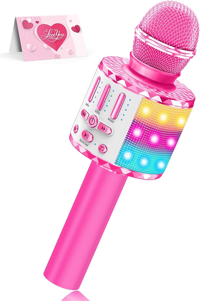 Karaoke Microphone Toys for Kids, Wireless Bluetooth Mic with Lights & Speaker, Portable Home KTV Player System, Perfect Birthday Party for 3-12 Year Old Boys & Girls