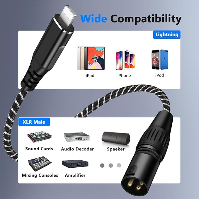 Lightn ing to XLR Male Output Audio Cable 6.6FT,i Phone to X LR Audio Stereo Cable,for Speaker, Amplifier, Mixer Console, etc(Unidirectional from Ligh tning to XLR Only)