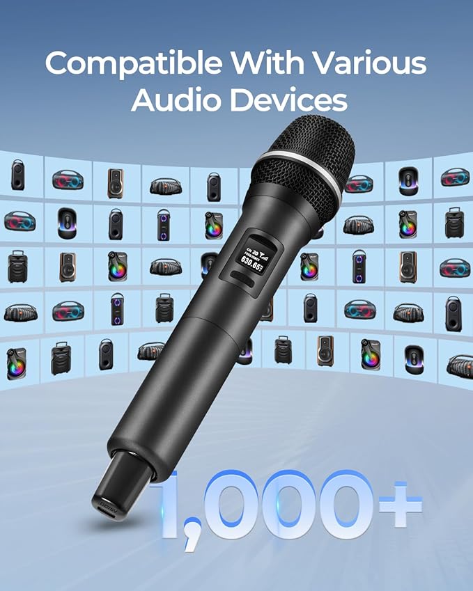 Wireless Microphones, Dual Handheld Dynamic Mic with Ultra-Stable Rechargeable Receiver | 200ft Freedom |Zero Dropouts | 40H Duration |Plug and Play| Karaoke Microphone for Singing, Meeting