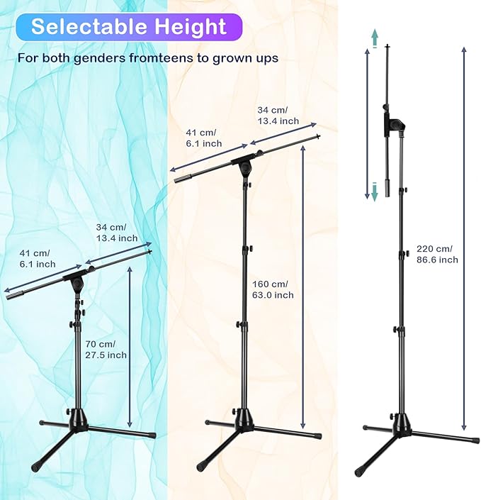 Microphone Stand Floor Foldable Mic Stand Heavy Duty Tripod Boom Arm with 2 Screws Adapter 2 Mic Clips 2 Foam Covers and Carrying Bag for Singing Karaoke Stage HLS02