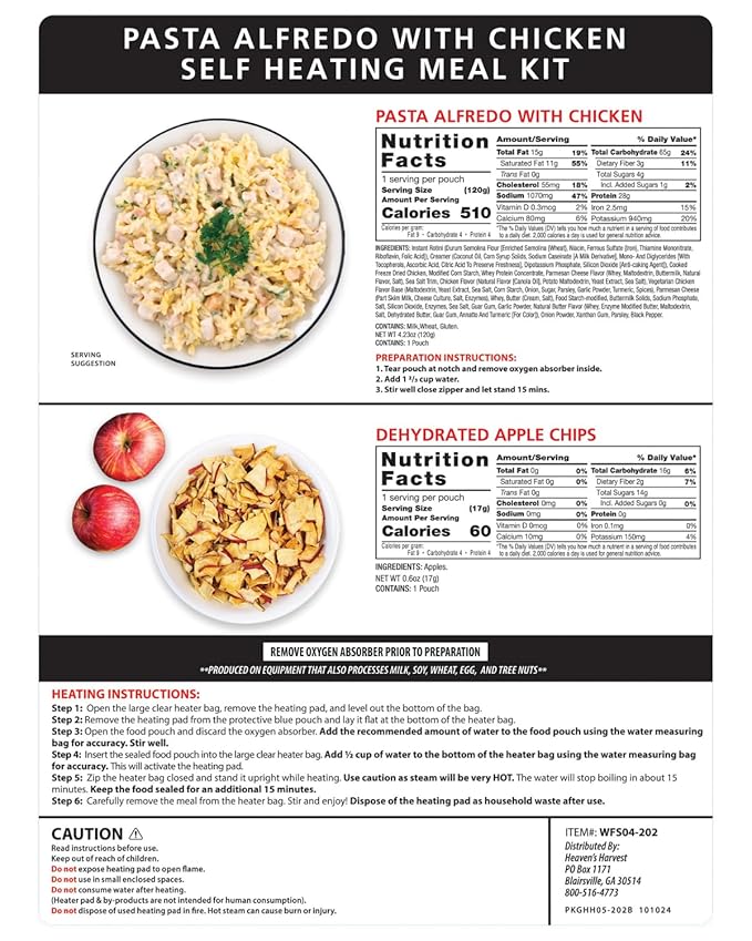 Heaven's Harvest Self-Heating Emergency Meal Kit (10 Year Shelf Life) — Tastier than MRE Meals & Ready-To-Eat in Minutes! Just add water to activate the “cooking” process. (Pasta Alfredo) (Single)
