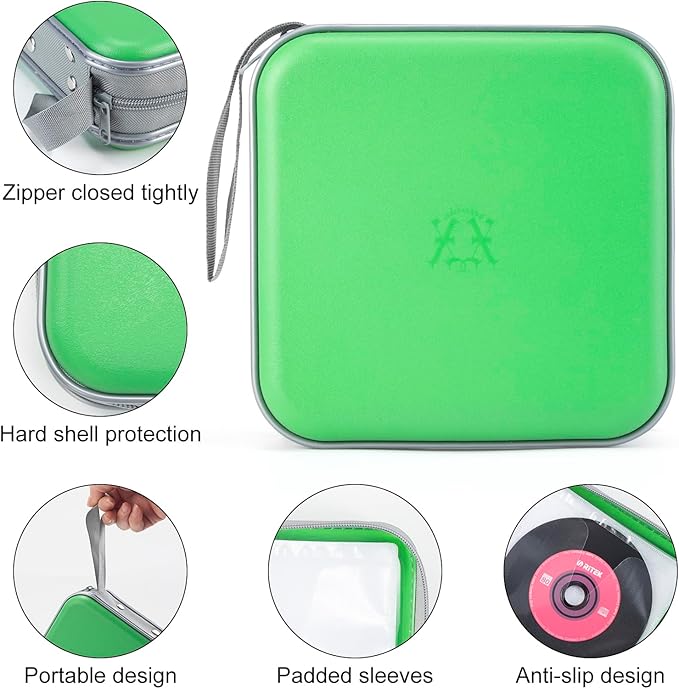 alavisxf xx CD Case, 48 Capacity Hard Plastic DVD Case Portable Zipper CD Holder Large Storage Disc Wallet Bag for Car Home Travel (Green, 48 Capacity)