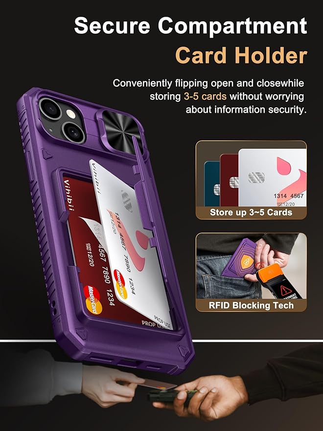 Vihibii for iPhone 15 Plus/iPhone 14 Plus Wallet Case, Built-in Card Holder (4 Cards), [RFID Blocking] & Slide Camera Cover, Military Grade Drop Protection, Rugged Hard Wallet Phone Case, Dark Purple