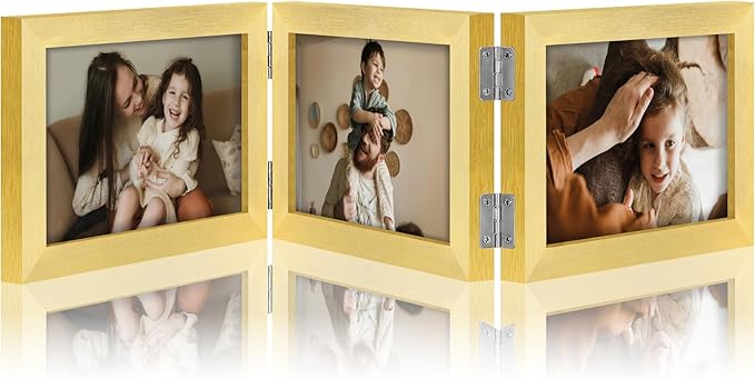 decorUhome Triple 6x4 Picture Frame Horizontal, Engineered Wood Trifold Photo Frame with Plexiglass for Tabletop Display, 6x4, Gold