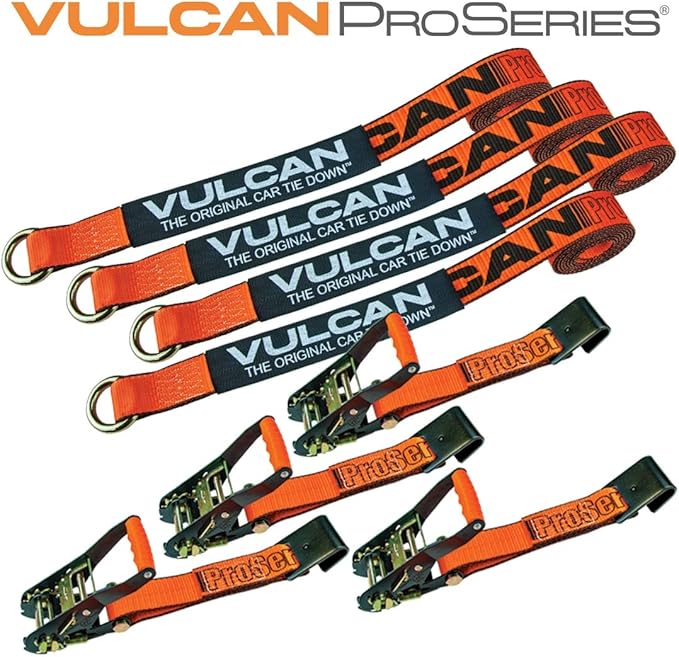 VULCAN Car Tie Down with Flat Hooks - Lasso Style - 2 Inch x 96 Inch - 4 Pack - PROSeries - 3,300 Pound Safe Working Load
