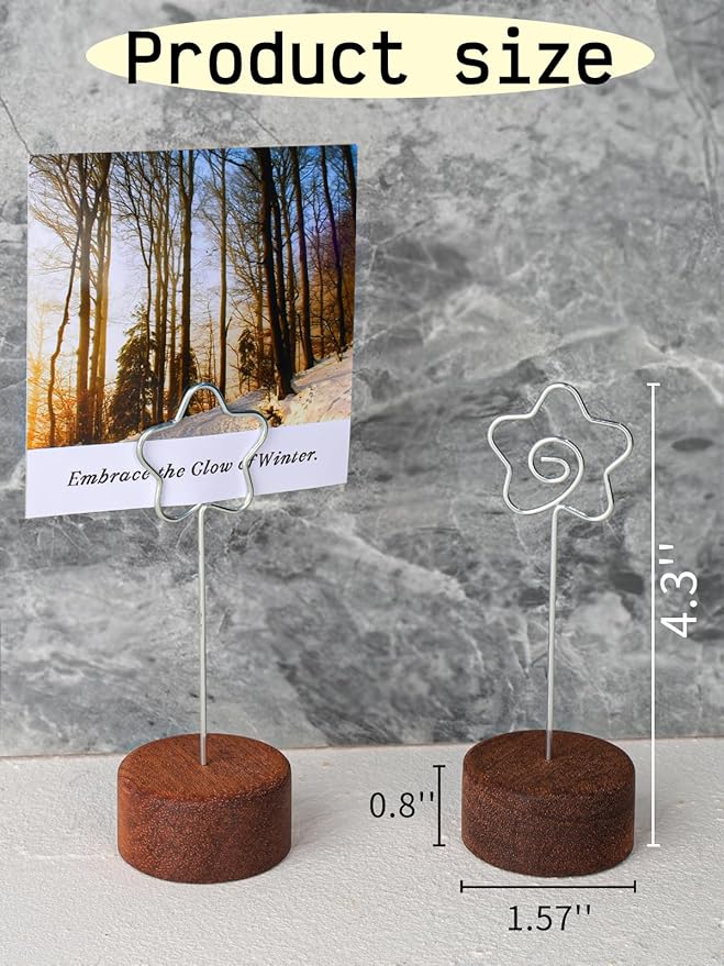 Wood Place Card Holders with Metal Clip 6Pack, 4.3" Tall Table Number/Name Sign Holder, Memo Card Photo Picture Note Clip Stands for Party Restaurant (Silver Flower)