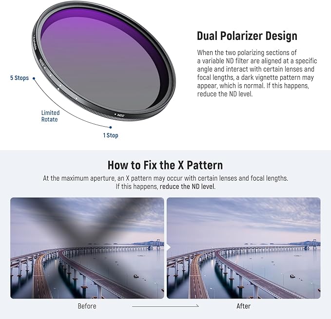 NEEWER 49mm Variable ND Filter with Lens Cap, Cleaning Cloth, ND2-32 (1-5 Stops) Precise Neutral Density Adjustment, Multicoated Optical Glass, Camera Photography Accessories