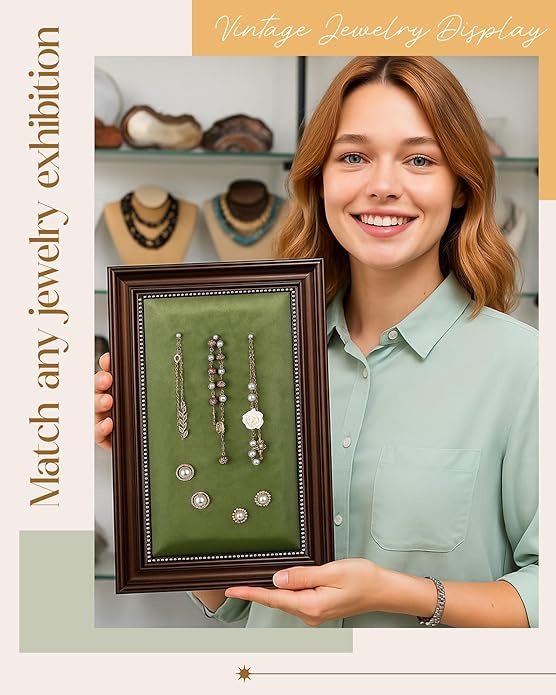 Vintage Jewelry Display Stand Necklace Earring Ring Holder 11.8 x 7.9 Inch Jewelry Tray Storage Photograph Prop Photo Frame with Green Velvet Backing for Selling Vendors Boutique Women Gift