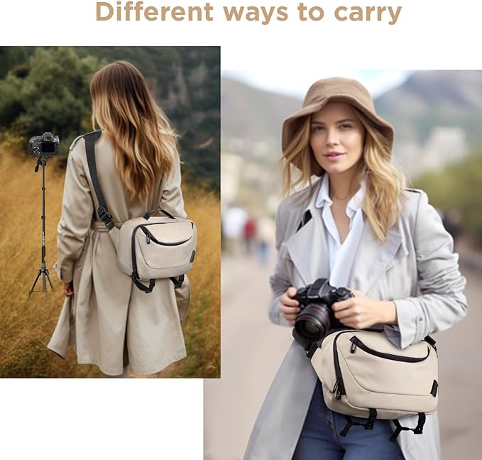 TAAOKA Camera Sling Bag,Waterproof Camera Case with Tripod Holder,Lightweight DSLR/SLR/Mirrorless Camera Bags Crossbody for photographers-Beige