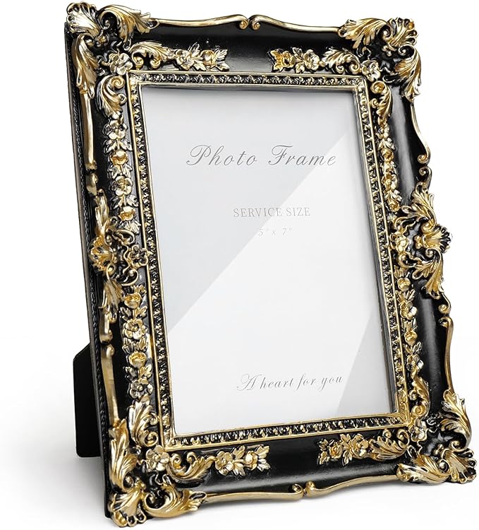 Cuspin 5x7 Picture Frame Black and Gold Frames, Vintage Baroque Handcrafted Resin Frames with Glass Front, Ornate Textured Design Decorative Picture Frame for Tabletop & Wall Display