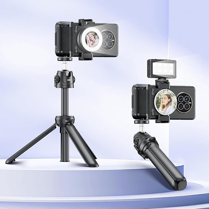 Phone Camera Grip Smartphone Photography Shooting Clip with Tripod Mount & Detachable Wireless Shutter Remote Control, Cellphone Selfie Grip Handle Stand for iPhone & Other Phone Vlog Video Black