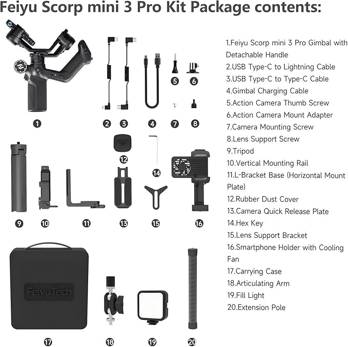FeiyuTech SCORP Mini 3 Pro Camera Gimbal Kit w/AI Tracking 4.0, Detachable Touchscreen Handle, 4.4lb Payload, Gimbal Stabilizer for Mirrorless Cameras, Smartphone, Action Cam (Bag+Light+Pole Included)