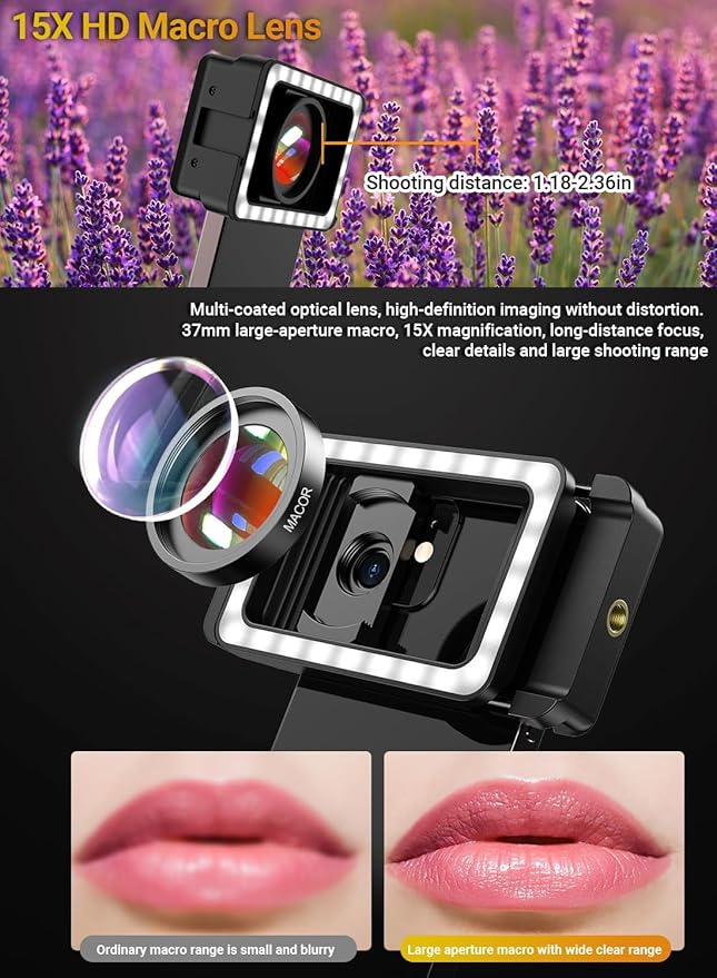 APEXEL 15X Macro Lens for iPhone with LED Fill Light, Samsung, Android Phone, with Universal Lens Clip Attachment (Fits for Almost Smartphone)