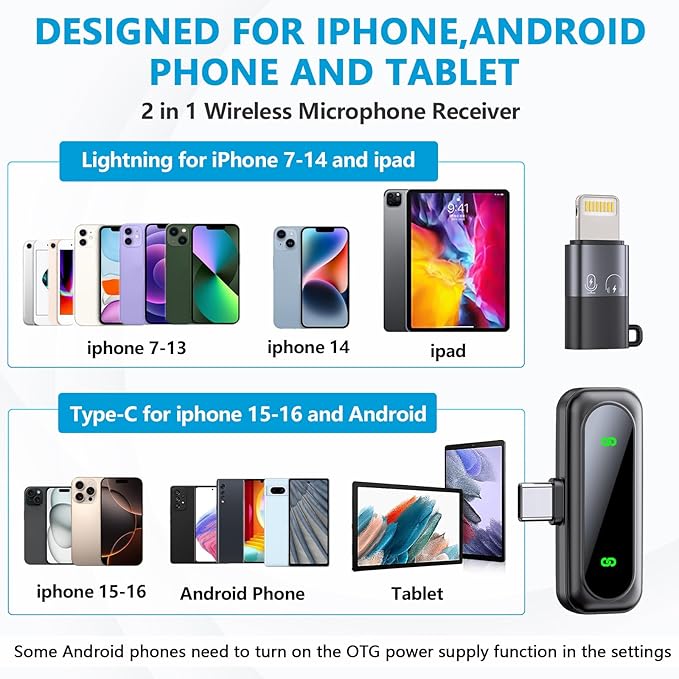Mini Microphone for iPhone 15 16/iOS/Android Devices, LED Display Wireless Microphones for Video Recording, Lavalier Microphone Clip on Lapel Lav Mics for Vlog YouTube TikTok