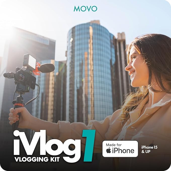 Movo iVlog1-IP Vlogging Kit for iPhone 15/16/17 and up - USB-C Compatible YouTube Starter Kit - with Shotgun Microphone, Mini Tripod, LED Light, Wide-Angle Lens, USB C Adapter, VXR10-PRO