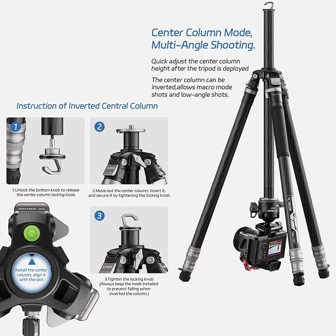 YC ONION Tako T23 Carbon Fiber Tripod with 52mm Bowl Head and FH60S Fluid Head, 3/8" Top Thread, 3 Leg Sections, One Flip Quick Release, Travel Tripod Stand for DSLR Cameras,Camcorders (Max Load 22lb)