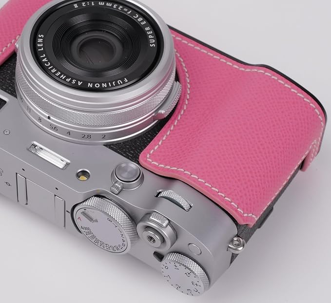 Uchandmade Genuine Leather Camera Half Case for Fujifilm X100VI - Top Layer Cowhide Body + Metal Base Plate - Hand Shank Free Design (Pink)