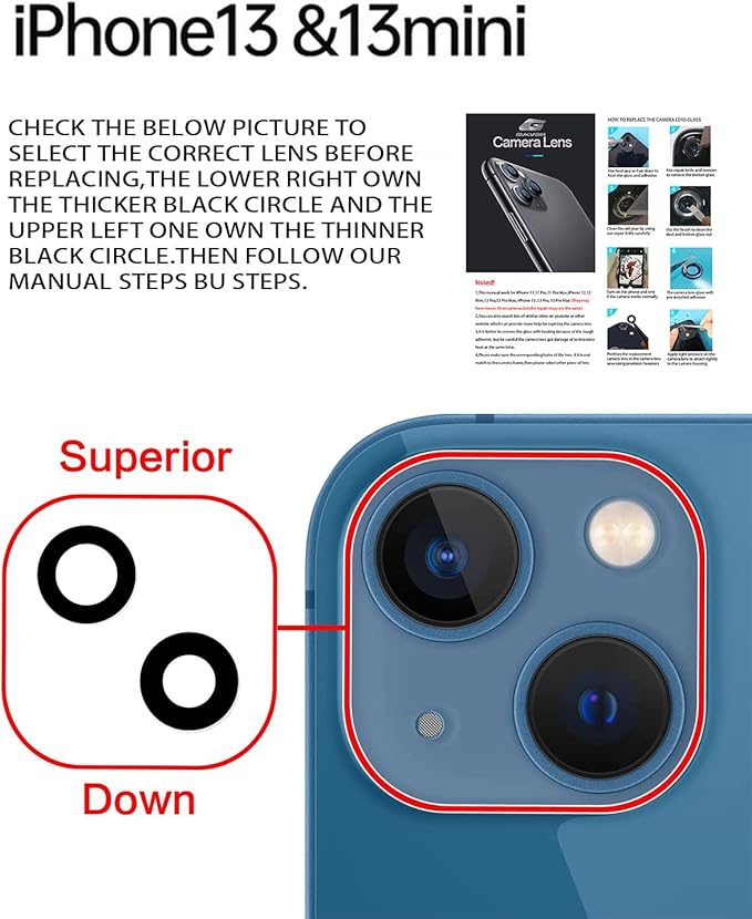 Rear Camera Lens Glass Replacement for iPhone 13 & 13mini, GVKVGIH Back Camera Len Replacement Kit with Replacement with Double-Sided Adhesive & Repair Tool Kit (for 13/13mini)