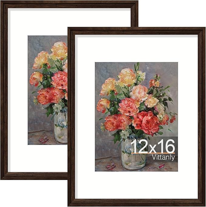 Vittanly 12x16 Picture Frames Set of 2, Ornate Vintage Photo Frame for Wall Mount, Display 8.5x11 Pictures with Mat or 12x16 without Mat, Rustic Brown