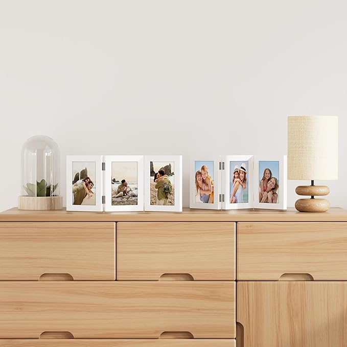 decorUhome Triple 5x7 Picture Frame Vertical, Engineered Wood Trifold Photo Frame with Plexiglass for Tabletop Display, 5x7, White