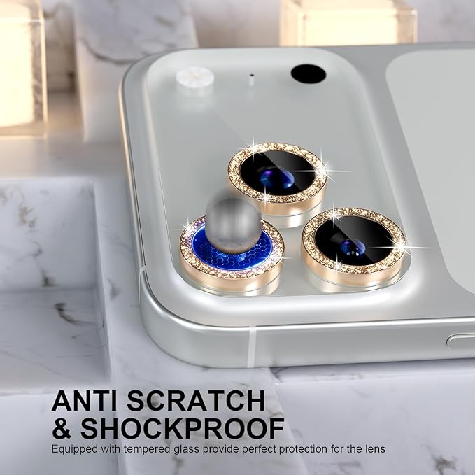Choiche Compatible for iPhone 17 Pro/iPhone 17 Pro Max Camera Lens Protector Bling, 9H Tempered Glass Camera Cover Screen Protector Metal Ring Decoration Accessories (Glitter-Gold)