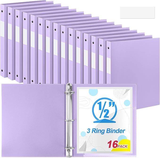 Henoyso 16 Pcs 3 Ring Binder 1/2'' Round Fits Letter Size 8.5'' x 11'' Paper Plastic Flexible Binder Holds 140 Sheets with 1 Pockets Versatile Organizer for Home Office School (Light Purple)
