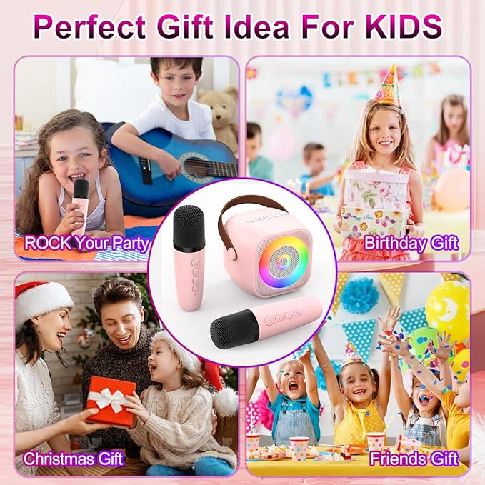 Mini Karaoke Machine, Portable Bluetooth Karaoke Speaker with 2 Wireless Microphone and Lights for Kids and Adults, Chritmas Birthday Gifts for Girls Boys 3-12+ Year Old (Pink)