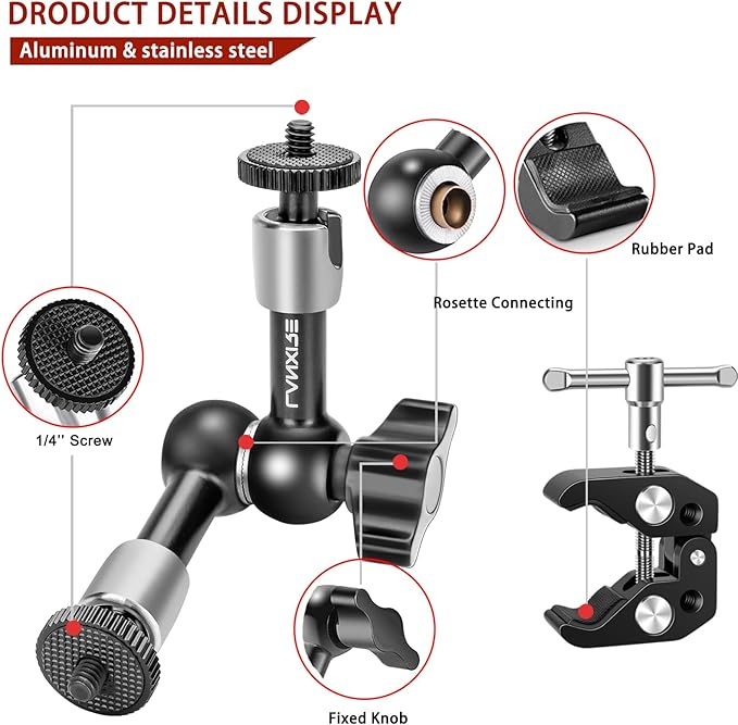 Super Clamp and 5.9 Inches Adjustable Friction Magic Arm with 1/4’’ Screw - Compatible with Camera Cage, Flash, LED Light, Microphone, Monitor - Max Load 4.4lb/2kg