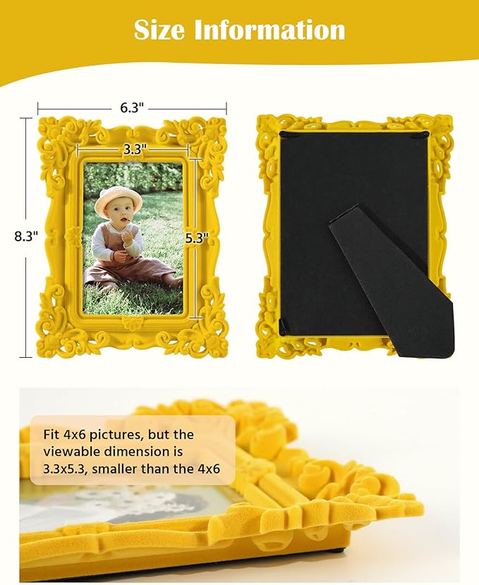 Picture Frames 4x6 for Drawings Prints, Small Colorful Decorative Frame with Real Glass/Stand, Rococo Ornate Memorial Frame Gift for Wedding Baby Shower Retirement (Yellow)