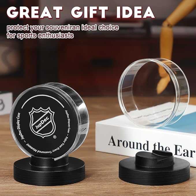 JupDec Hockey Puck Display Case Acrylic Clear Holder with Wood Base, Autograph Souvenir Display Stand, Perfect Showcase for Your Collection, Black, 1 Pack