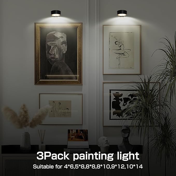 2-Pack Picture Light for Paintings Battery Operated Art Light with Remotes,3 Lighting Display Light,Magnetic Dimmable and Timer Wall Light for Picture Artworking Frame Portrait,LED Puck Lights-Black