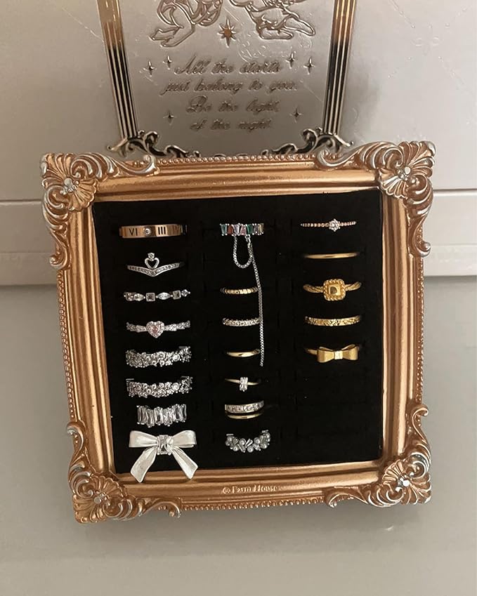 2PCS Jewelry Display Stand Vintage Ring Holder Box Earring Tray Retro Picture Frame Style Ring OrganizerJewelry Frame with Velvet