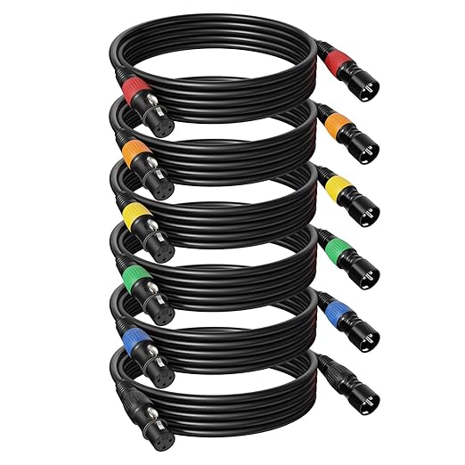 6 Pack 10ft Color-Coded XLR Cables (Male to Female), OFC Microphone Cable for Recording Mixer, Amplifier, Podcast, Stage & Studio Pro Audio Equipment