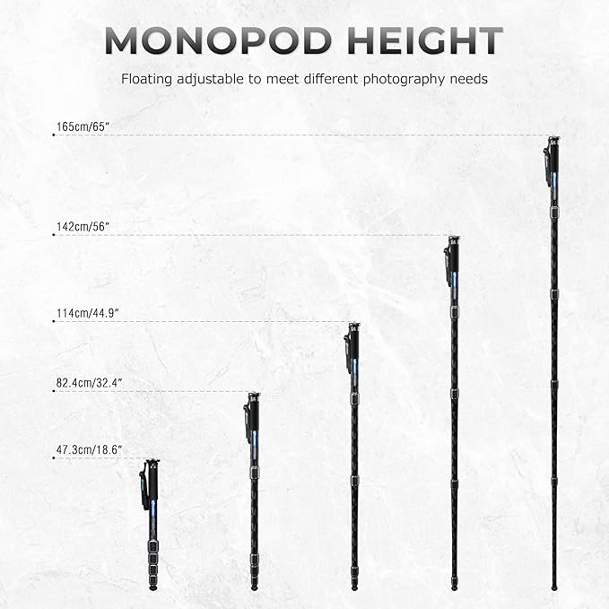 LEOFOTO Camera Monopod Carbon Fiber Portable Compact Lightweight Travel Monopod with Wrist Strap, Silicone Handle, Twist Locks, 5-Section up to 165cm, Max Load 15kg，Black(MPQ-325C)