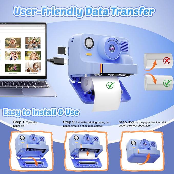 Instant Print Camera for Kids, App Printing, 1080P Video, Dual-Lens Selfie Digital Camera with 32G SD, Christmas Birthday Gifts for Girls Boys 4 5 6 7 8 9 10 11 12 Year Old, Toddler Toy_Blue
