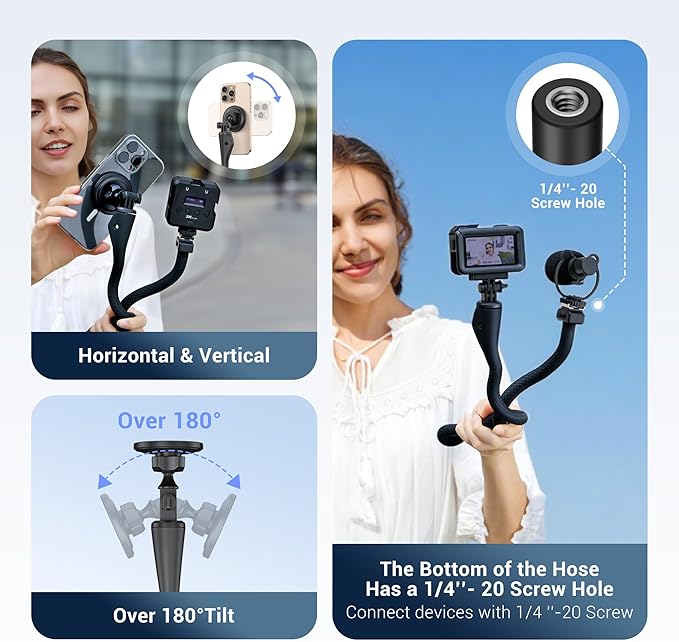 Magnetic Flexible Phone Mount Holder for iPhone 17 16 15 14 Pro & Action Camera,29.5'' Long Arm Bendable Selfie Stick Stand Phone Adapter with 1/4"20 for Osmo 360 Action 5 Pro 4 3 Treadmill Stroller