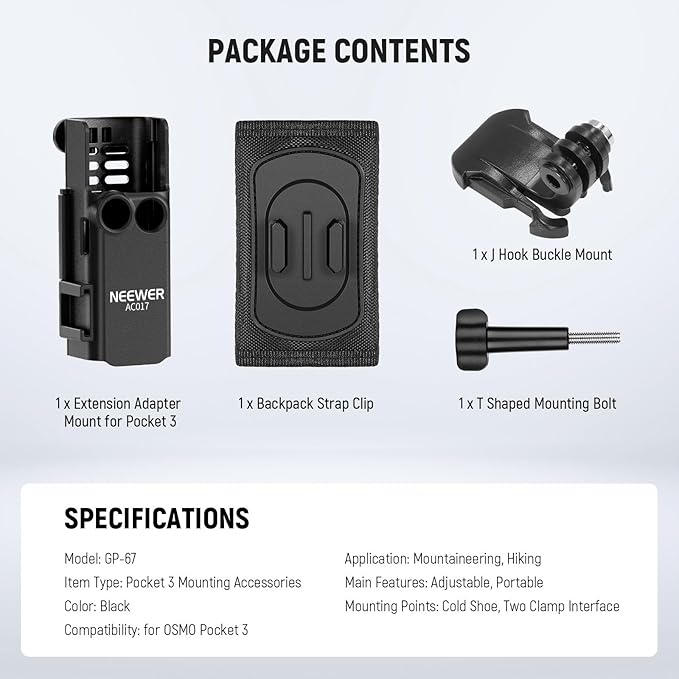 NEEWER Basics 4 in 1 Accessories Kit Compatible with DJI Osmo Pocket 3, Backpack Strap Mount Kit with Bracket Cage Extension Adapter, Clip, J Buckle, T Bolt for Trekking Hiking Camping, GP-67