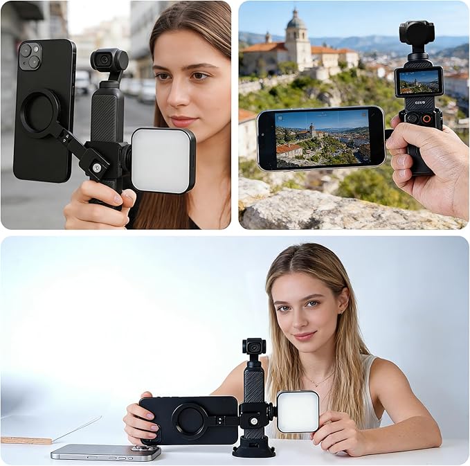 YUANYU Metal Magnetic Mount Cage Non-Slip Silicone Suction Base Mount for Pocket 3 with 360° Rotating Strong Magnetic Mount for DJI Pocket 2/3 Dual Cold Shoe Adapter Compatible with All iPhones