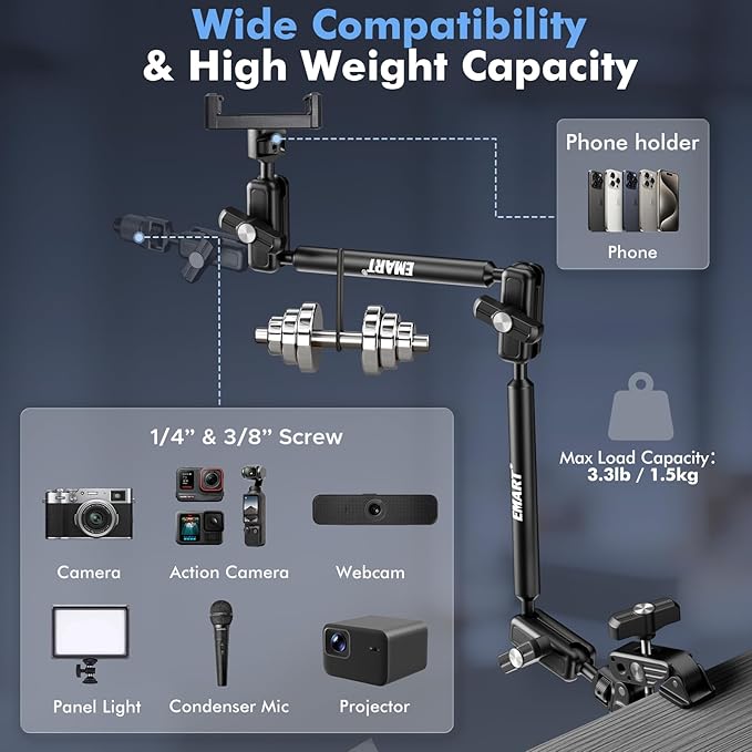 EMART Overhead Phone Mount with 22" Magic Arm, Super Clamp with 1/4" 3/8" Threads for ARRI, Flexible Camera Desk Mount, Adjustable Articulating Boom Arm for Webcam/Mic/Action Camera/Phone/Video Light