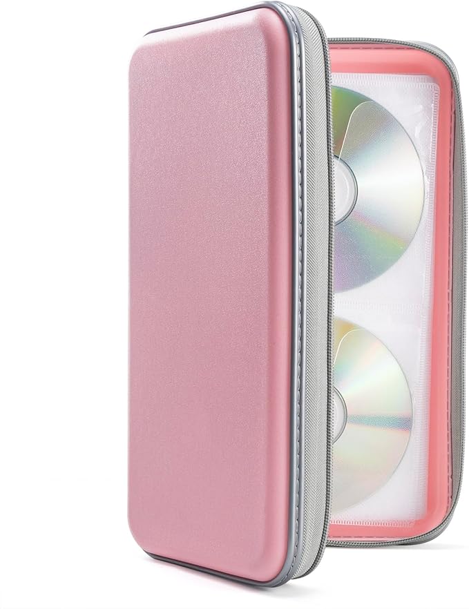 UENTIP 96 Capacity CD Case,Portable DVD Hard Plastic Case Holder CD Organizer Wallet Protective DVD Storage (light pink, 96)